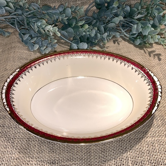 Vintage 9” Oval Vegetable Bowl Eggshell Nautilus, Maroon Band W/Gold by Laughlin - Picture 5 of 9